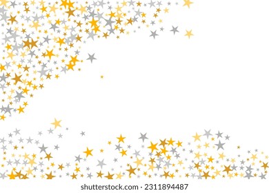 Decorative silver and gold stars falling scatter background. Little stardust spangles xmas decoration elements. Isolated stars falling pattern. Sparkle confetti explosion.