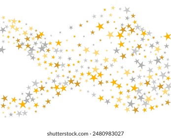 Dekorative silberne und goldene Sterne zufällige Vektorgrafik Muster. Viele Starburst-Spangles Geburtstagsdekorationspartikel. Feier-Stars zufälligen Bildschirmhintergrund. Spangle Konfetti Glückwunsch Dekor.