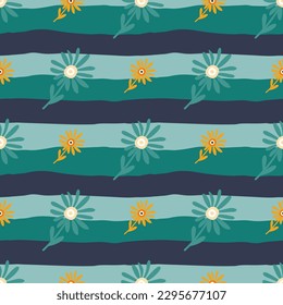 Decorative simple chamomile flower seamless pattern. Simple floral endless background. Stylized design for fabric, textile print, wrapping, cover. Vector illustration