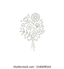 Decorative simple nature flower bouquet with chamomile, stem and leaves logo design vector illustration. Monochrome line art elegant icon decor for female cosmetic beauty salon or garden market shop