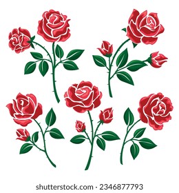 Rosas rojas simples y decorativas. Rosa rudimentaria con esténciles de hojas verdes aislados, siluetas de flores rosadas con elementos florales de flores elegantes, gráficos vectoriales de amor