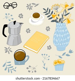 Decorative simple style objects. Coffee pot, cup and mug with coffee, flowers in vase, book and glasses, muffin and flowers on the beige background. Could be transform into pattern. Vector