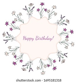Decorative simple wreath of flowers and plants in doodle style. Happy Birthday! Isolated object on a white background.