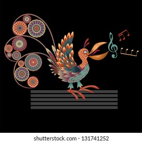 Decorative singing bird. Vector illustration on black background.