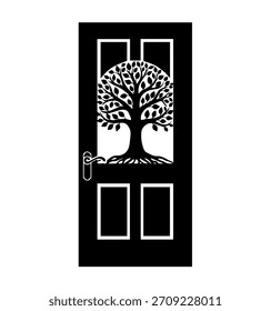 Silueta decorativa del árbol de la sola puerta Ilustración vectorial: Detalle estilizado del panel de inserción del diseño del árbol de la vida