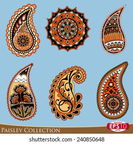 Decorative six paisley ornament elements in four colors. paisley 