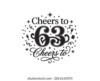 Decorative sixty-third birthday typography vector isolated on a white background. Stylish hand lettering with festive stars and celebration ornaments, ideal for birthday invitations, greeting cards, apparel, posters, stickers, and commercial use.