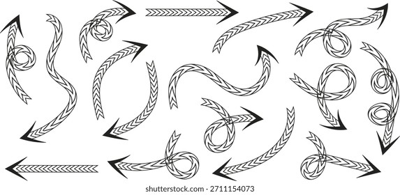 Decorative sketch arrows with intricate patterns create a dynamic and artistic flow. Hand-drawn swirled arrow designs add movement and style to any layout. Ideal for creative projects, presentations, 