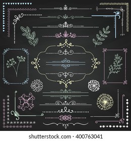 Decorative Sketched Rustic Floral Doodle Corners, Branches, Frames, Dividers, Text Frames, Border Lines, Page Calligraphic Design Elements on Chalk Board Texture. Chalk Drawing Vector Illustration. 