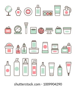 Decorative and skincare cosmetics isolated minimalistic cartoon flat vector illustrations set on white background. Bottles of beauty means outline.