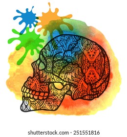 Decorative skull, detailed black lace pattern on watercolor background, creativity brain, ethnic ornament, Day of The Dead, vector illustration