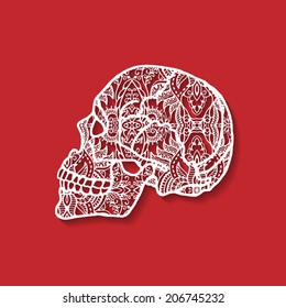 Decorative skull, detailed lace pattern, creativity brain, ethnic ornament, Day of The Dead, vector illustration, isolated white on red background