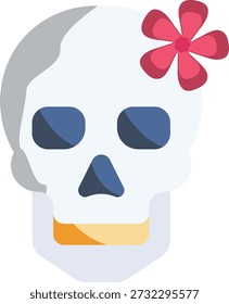 Ein dekorativer Schädel mit einer hellen Blüte auf der Oberseite, die den Kontrast zwischen Leben und Tod darstellt.