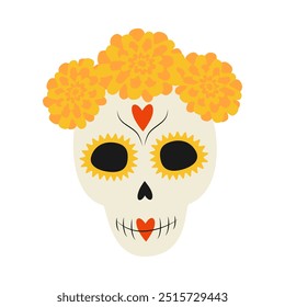 Decorative Skull in flowers wreath and face hearts and wave lines ornament in trendy bright shades