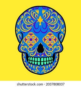 Decorative Skull Head Day of the Dead Mexico Illustration, Dia Los Muertos Mexico festivity symbol, badge design element, holiday