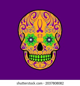 Decorative Skull Head Day of the Dead Mexico Illustration, Dia Los Muertos Mexico festivity symbol, badge design element, holiday