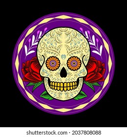 Decorative Skull Head Day of the Dead Mexico Illustration, Dia Los Muertos Mexico festivity symbol, badge design element, holiday