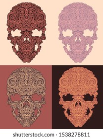 Decorative skull is made up of patterns. Design set. Hand drawn engraving. Editable vector vintage illustration. Isolated on different backgrounds
