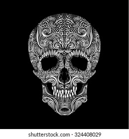 Decorative skull on black background. Black and white, vector illustration