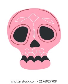 Decorative skull with ornaments and geometric prints. Mexican day of the dead holiday celebration and symbols. Macabre ethnic sign or mask, details of Halloween calavera. Vector in flat style