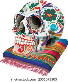 Decorative skull resting on vibrant blanket