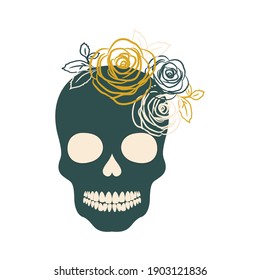 Decorative skull with roses on its head in trending colors of 2021 against a white background. Template for printing on T-shirts, poster, pillows, gliders. Vector illustration.