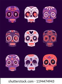 Decorative skull set day of the dead vector illustration. Mexican Dia de los Muertos. 