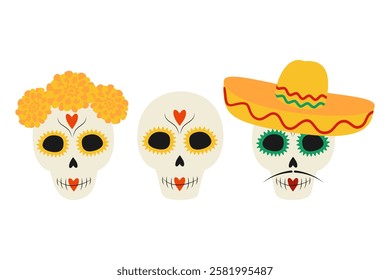 Decorative skulls Painted face, flower wreath or sombrero Day of the dead Cute Characters idea Set 3