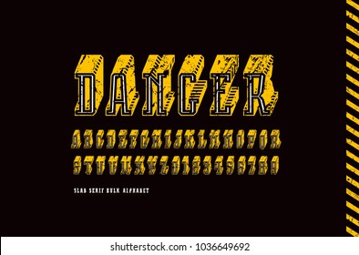 Decorative slab serif bulk font in technology style. Letters and numbers with rough texture for logo and title design. Color print on black background