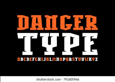 Decorative slab serif font in industrial style. Extra bold face. Letters for logo and title design. Print on black background