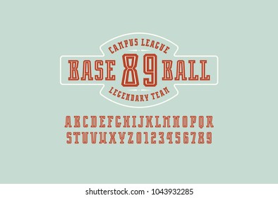 Decorative slab serif font with inner contour. Baseball emblem for t-shirt. Letters and numbers for logo and title design. Color print on blue background