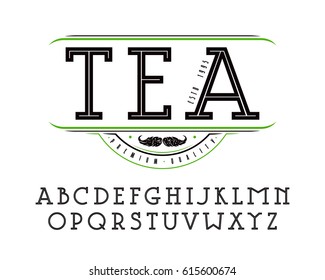 Decorative slab serif font with an internal contour. Design for titles and logo. Label for tea. Isolated on white background