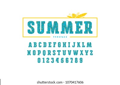 Decorative slab serif font with palm leaf pattern. Letters and numbers for summer headlines design. Color print on white background