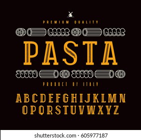 Decorative slab serif font in retro style and pasta label. Isolated on black background