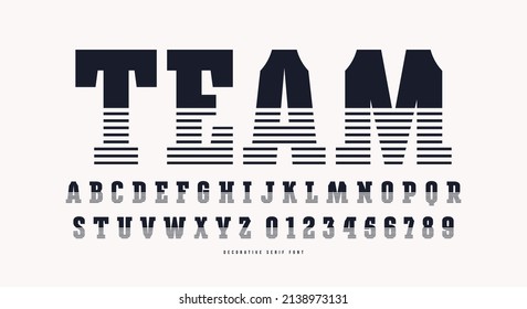Decorative slab serif font with striped decor. Letters and numbers for logo and t-shirt design. Vector illustration. Black print on white background