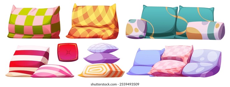 Decorative and sleeping pillow set with solid color and patterns. Soft cushions arranged in groups for various textile designs for interior styling. Cartoon vector bright colorful comfort cushion.