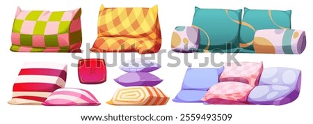 Decorative and sleeping pillow set with solid color and patterns. Soft cushions arranged in groups for various textile designs for interior styling. Cartoon vector bright colorful comfort cushion.