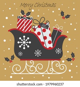 Decorative sleigh and present dor christmas greeting card