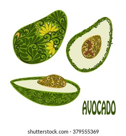 Decorative  slice isolated avocado on white background. Vector illustration.