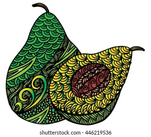 Decorative slice isolated avocado on white background. Vector illustration. Hand drawing