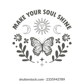 Decorative slogan with butterfly, celestial sun and moon, vector for fashion and poster prints, sticker, bag, mug, textile, phone case, tattoo designs