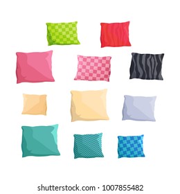 Decorative small cushions plain and with patterns and bright colors isolated vector illustration on white background. Stylish accessories for couch.