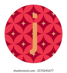 Decorative small letter j icon in red with seamless floral geometric pattern and golden accents