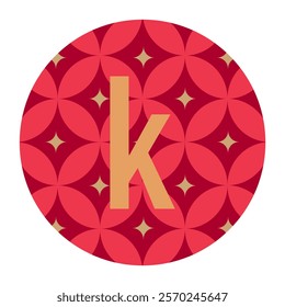 Decorative small letter k icon with seamless floral pattern in red and gold accents