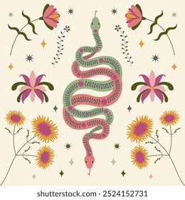 Ilustração decorativa de cobra com elementos florais. Uma ilustração vibrante de uma cobra enrolada, rodeada por vários elementos florais