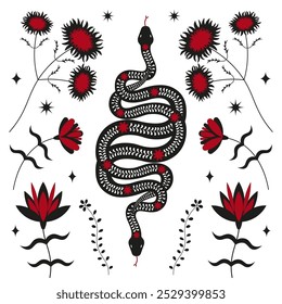  Ilustração decorativa de cobra com elementos florais. Ilustração em preto e branco de uma cobra enrolada, rodeada por vários elementos florais