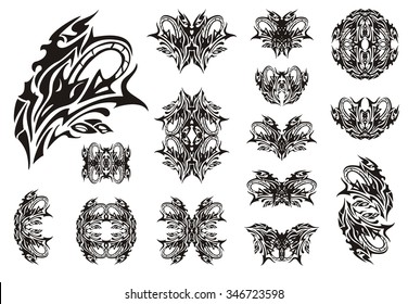 Decorative snake symbols. Set of snake symbols, butterflies and frames. The coiling snake in a grass