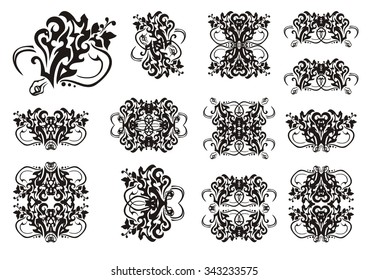 Decorative snake symbols in tribal style. Set of snake symbols and frames. The coiling snake in a grass