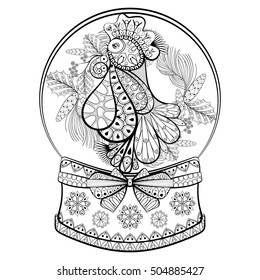 Decorative Snow Globe with Cock, Symbol of New Year 2017. Hand drawn Vector illustration in zentangle style. Sketch for adult anti stress coloring pages, tattoo, New Year posters and greeting cards