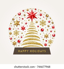 Decorative snow globe silhouette made from stars, beads, ruby gems, glitter gold snowflakes and christmas tree. Vector illustration.